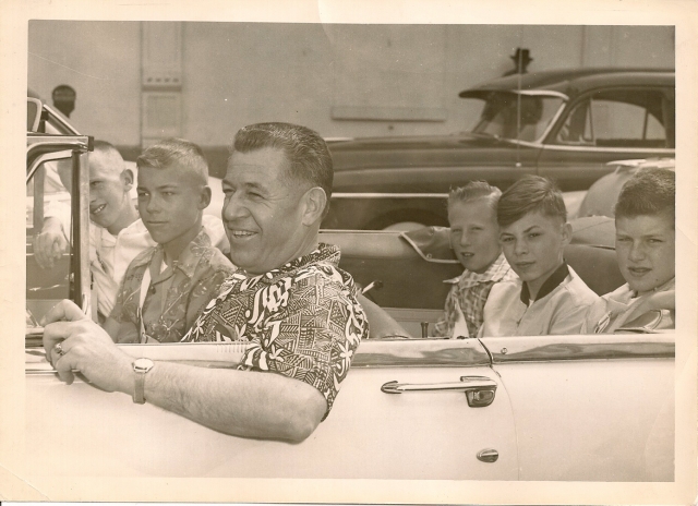 Buck Weathers with patrol boys trip to McNary Dam.  The boys are from Washington School.  Front: Left to Right  Robert Land & Ray Wyckoff.  Back:  Left to Right - Victor Flisram, Lester Smith, Bill Farmer 
